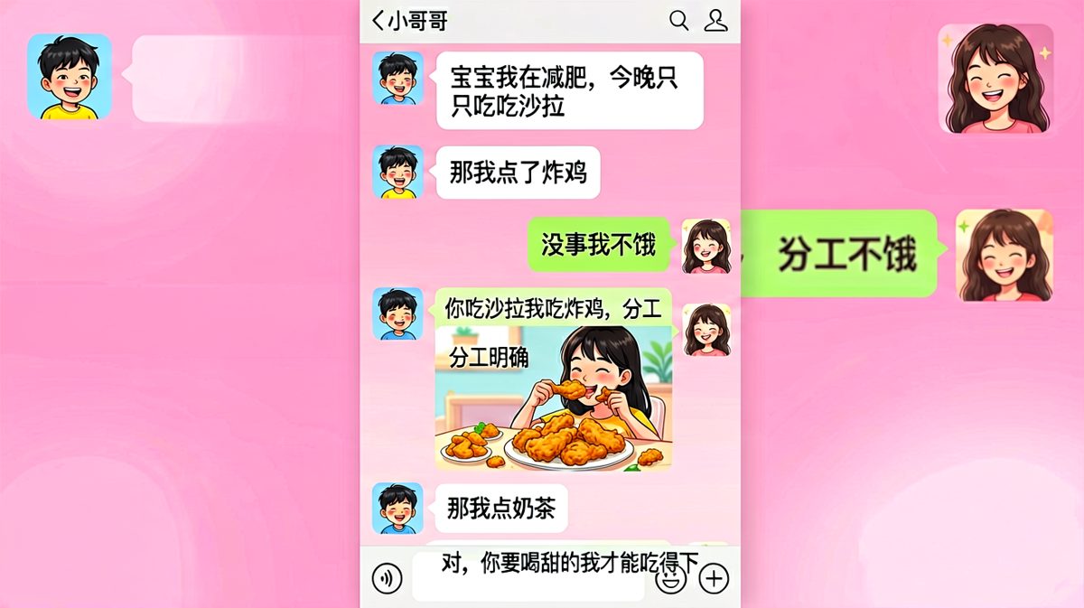 小哥哥减肥点沙拉，小姑娘点炸鸡，最后小哥哥点奶茶——原来才是「正食」