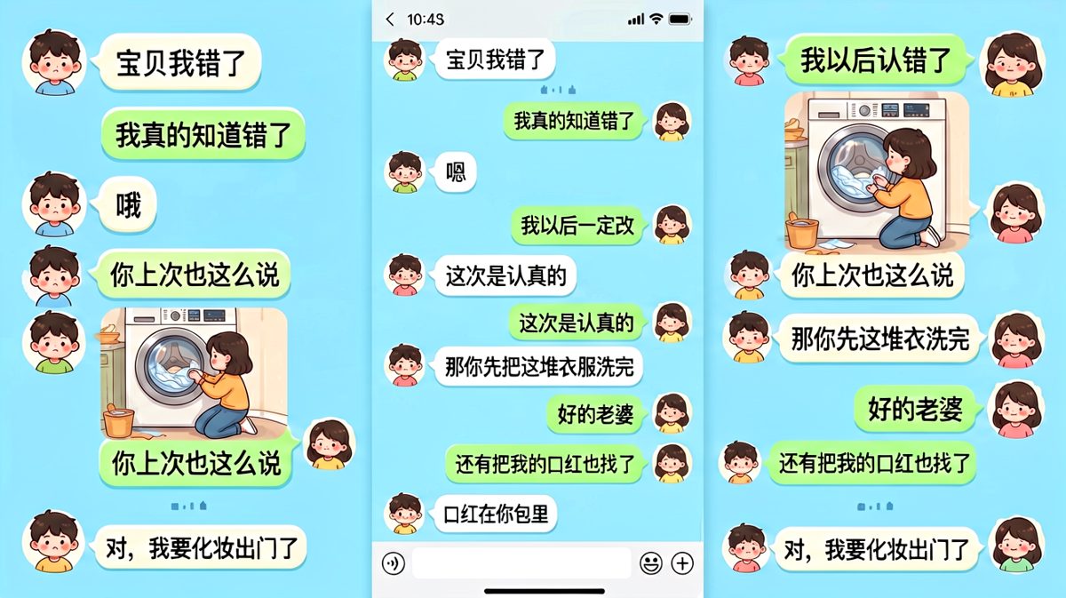 小哥哥认错跪洗衣机，小姑娘让他先找口红——原来才是真正的「认错」