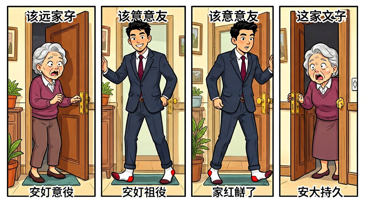 第三格：得意洋洋出门，却没发现自己袜子穿反了