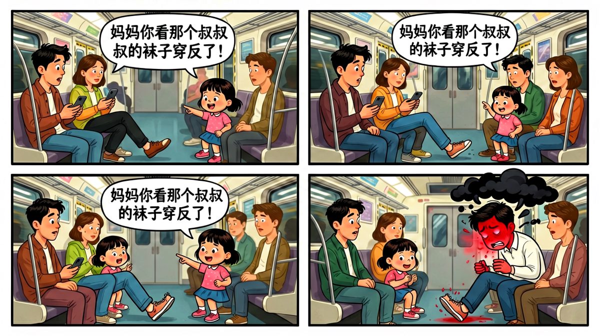 第四格：地铁上被小朋友当场揭穿，社死现场