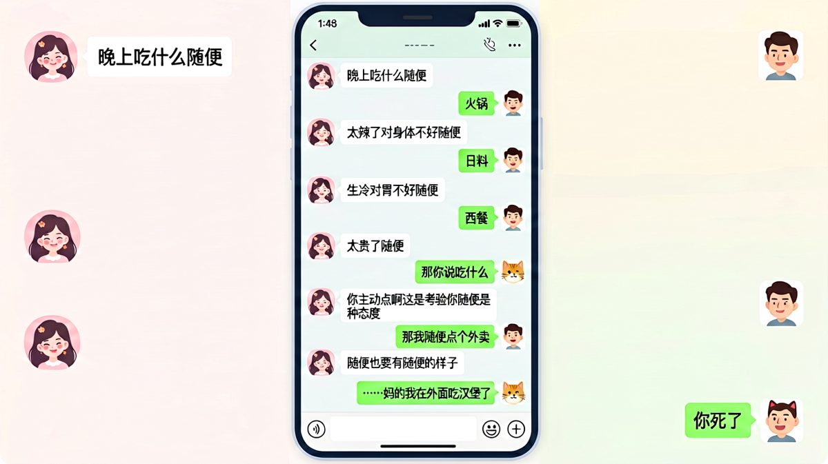 随便两字引发连环社死，最终男生选择吃汉堡并被判死刑