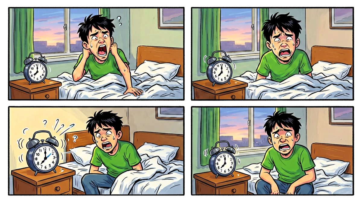 闹钟响起，青年痛苦起床