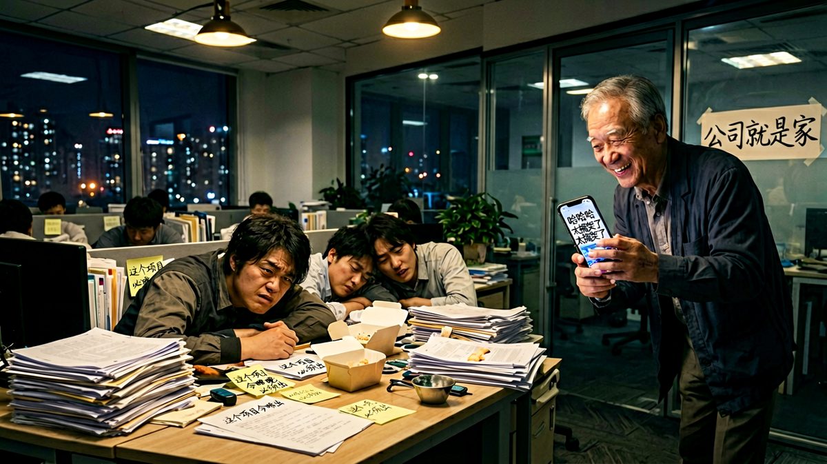 让员工加班，老板在里面追更——公司就是家，家就是用来躺的。