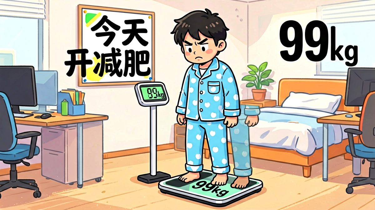 第一格：主角看着体重秤上的数字，暗下决心要减肥。