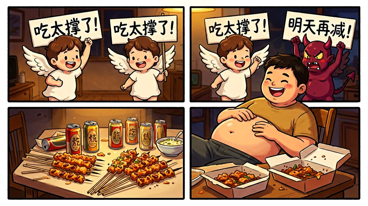 第三格：深夜狂欢之后，良心与食欲上演内心大戏。