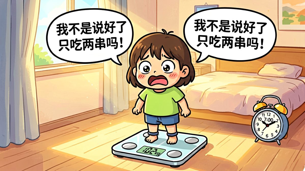 第四格：第二天体重飙升，主角崩溃呐喊——完美的一天从放弃开始。