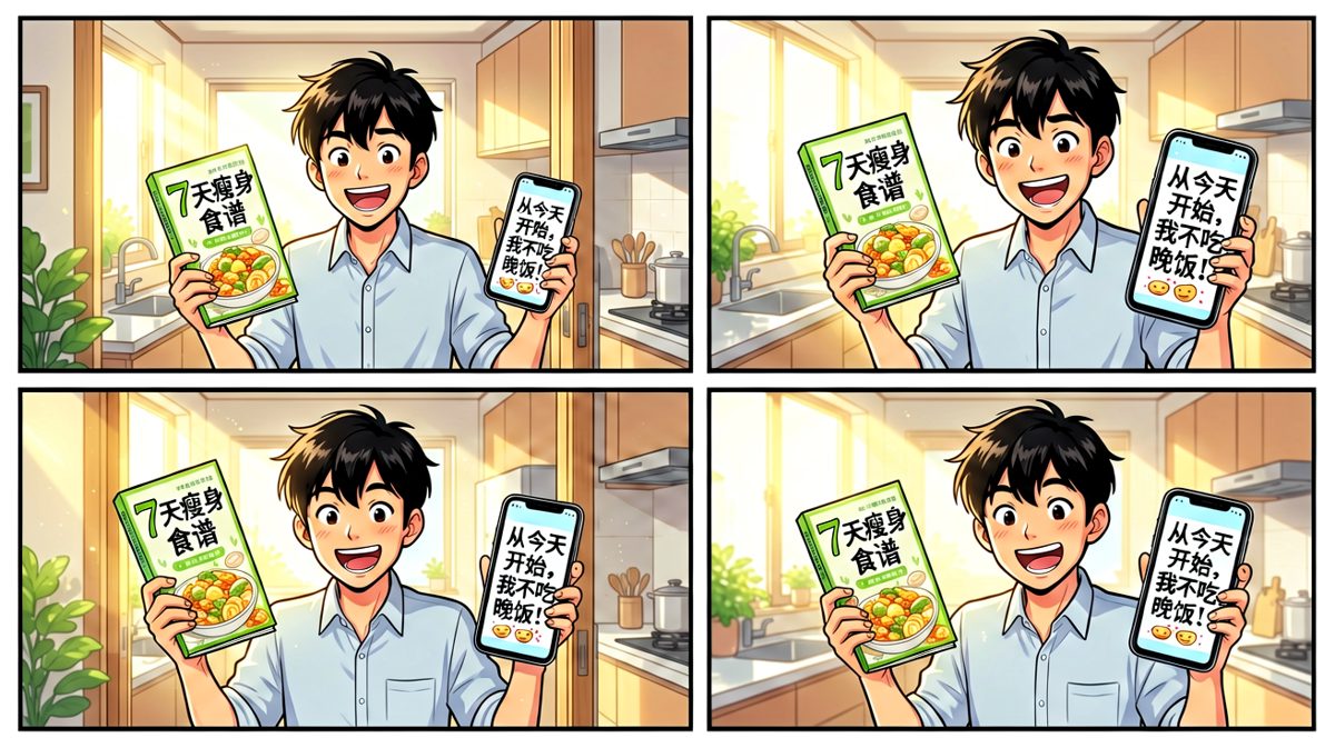 周一早晨，主人公立下减肥誓言，士气高涨。