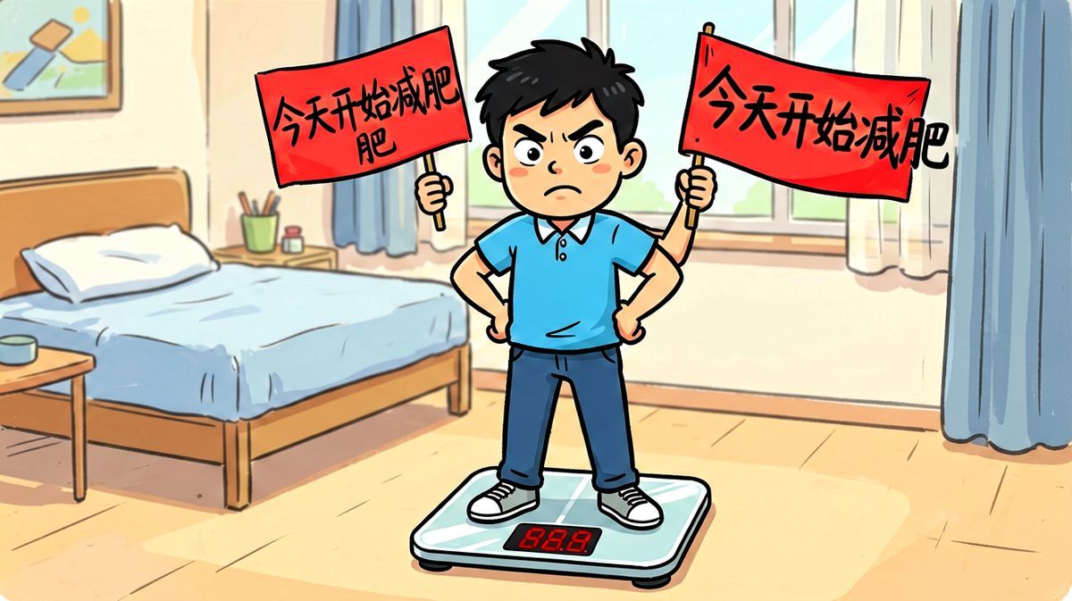 雄心勃勃立下减肥flag，誓要改变自己。