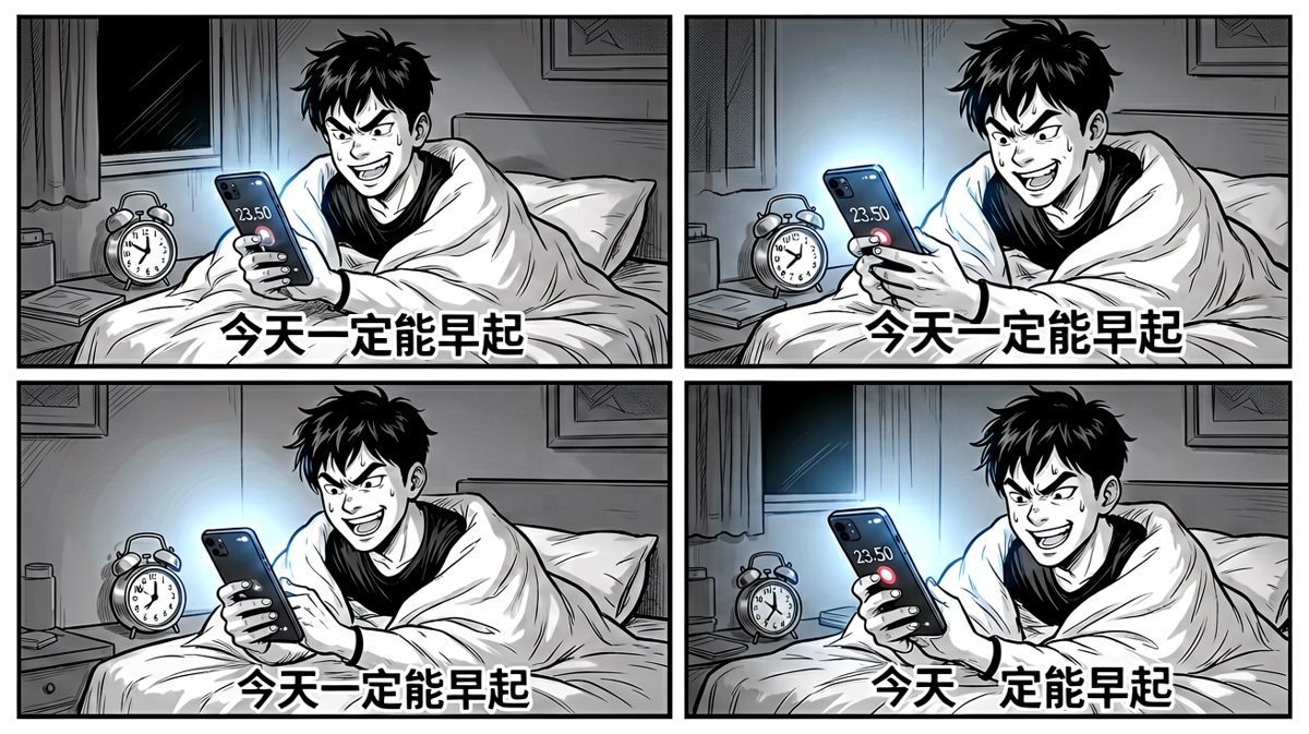 深夜信誓旦旦关闭闹钟，自信明天一定早起。