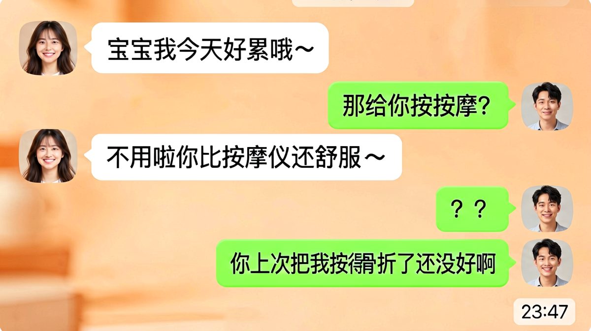 她说他比按摩仪舒服，结果是他上次按骨折了，温馨开场秒变索赔现场。