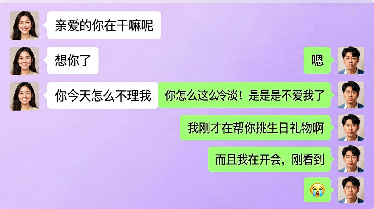 女生连环追问'你是不是不爱我了'，结果男生其实在开会期间挤出时间给她挑礼物。