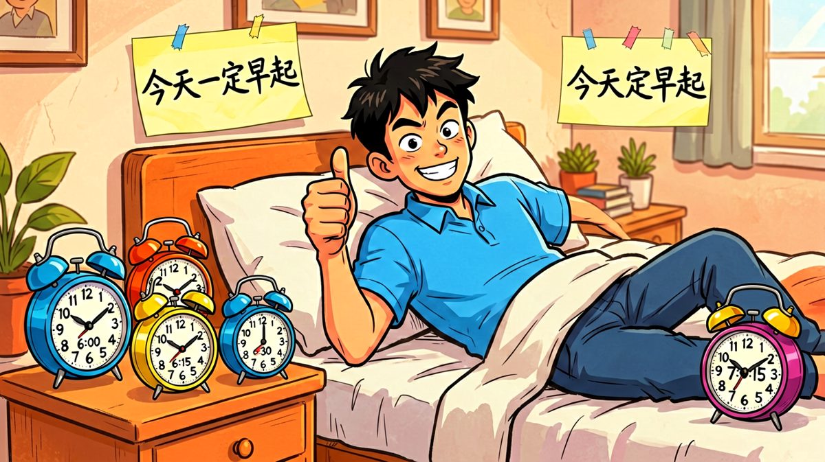 主角精心安排了六个闹钟，信心满满准备早起。