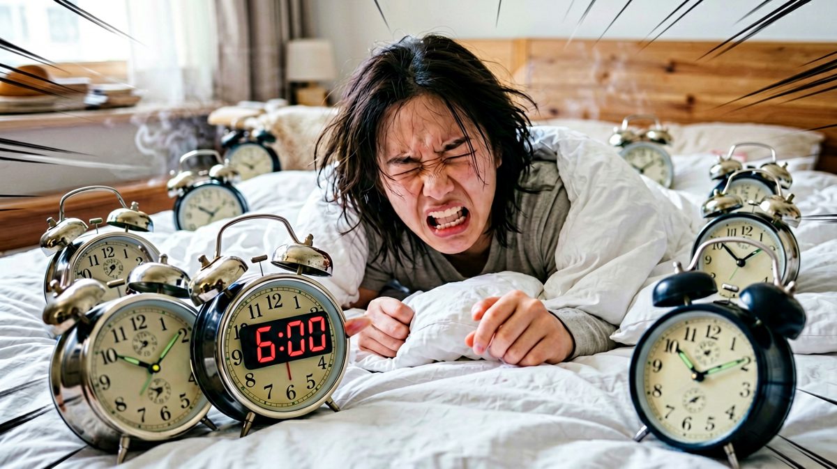第一个闹钟响起，主角痛苦地伸手去关掉它。