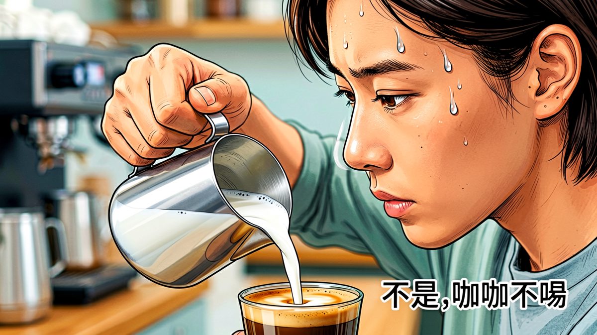 主角全神贯注地倾倒牛奶，仿佛在进行一场精密手术。