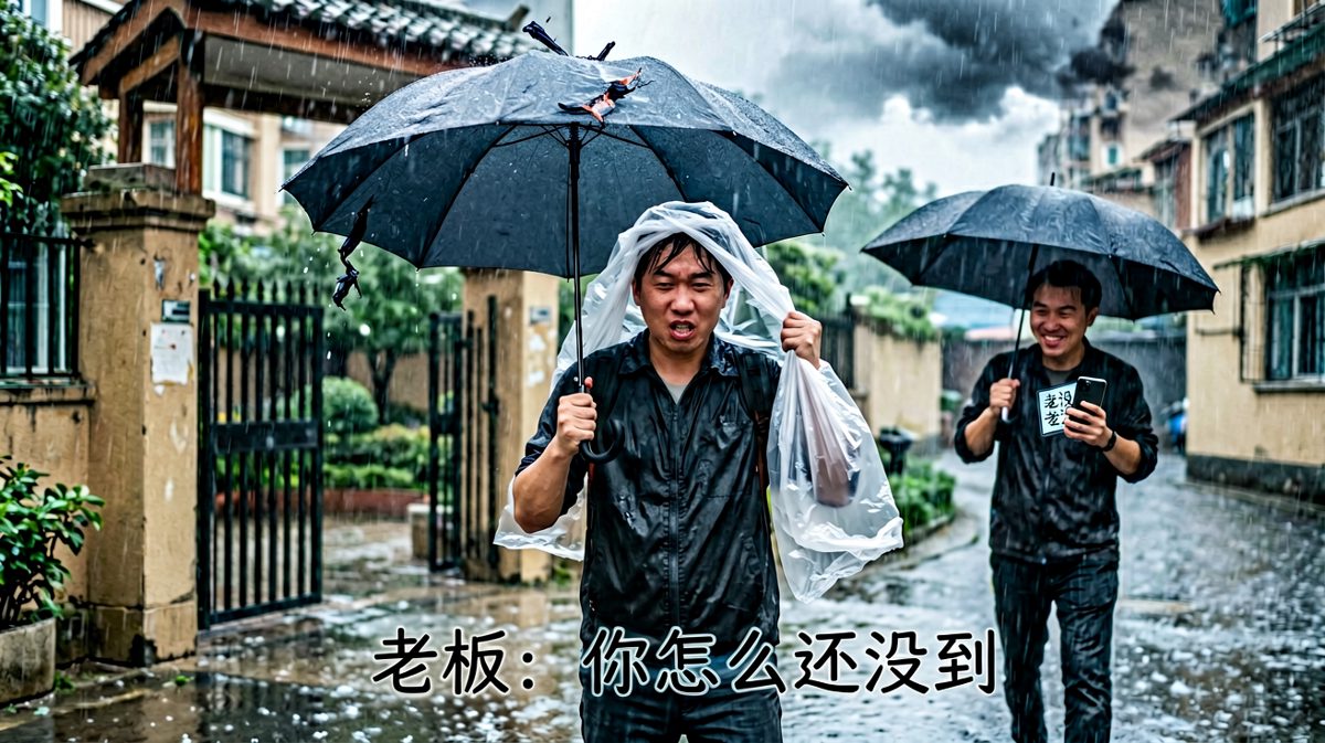 刚出家门就遇暴雨，塑料袋伞也是伞