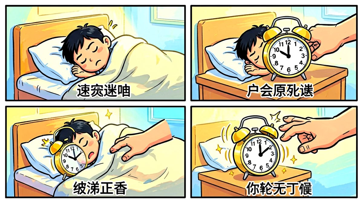 闹钟狂响，主角伸手关掉闹钟继续睡