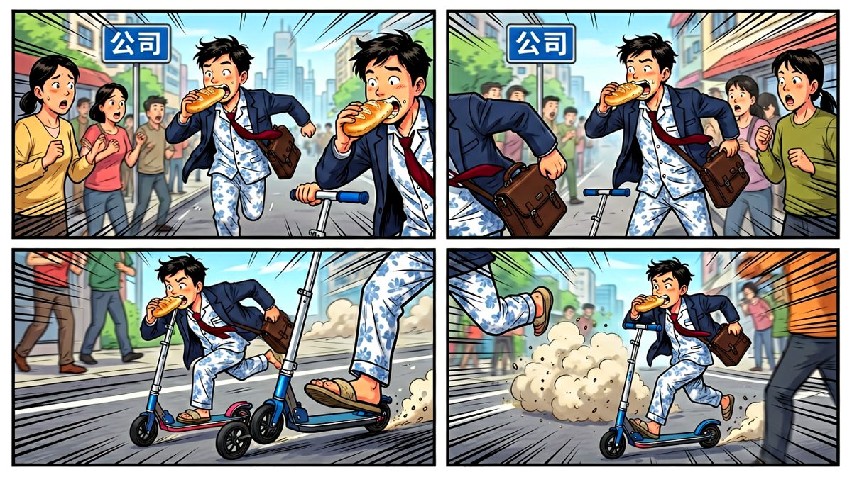 第三格：一路狂奔冲向公司，狼狈不堪却义无反顾