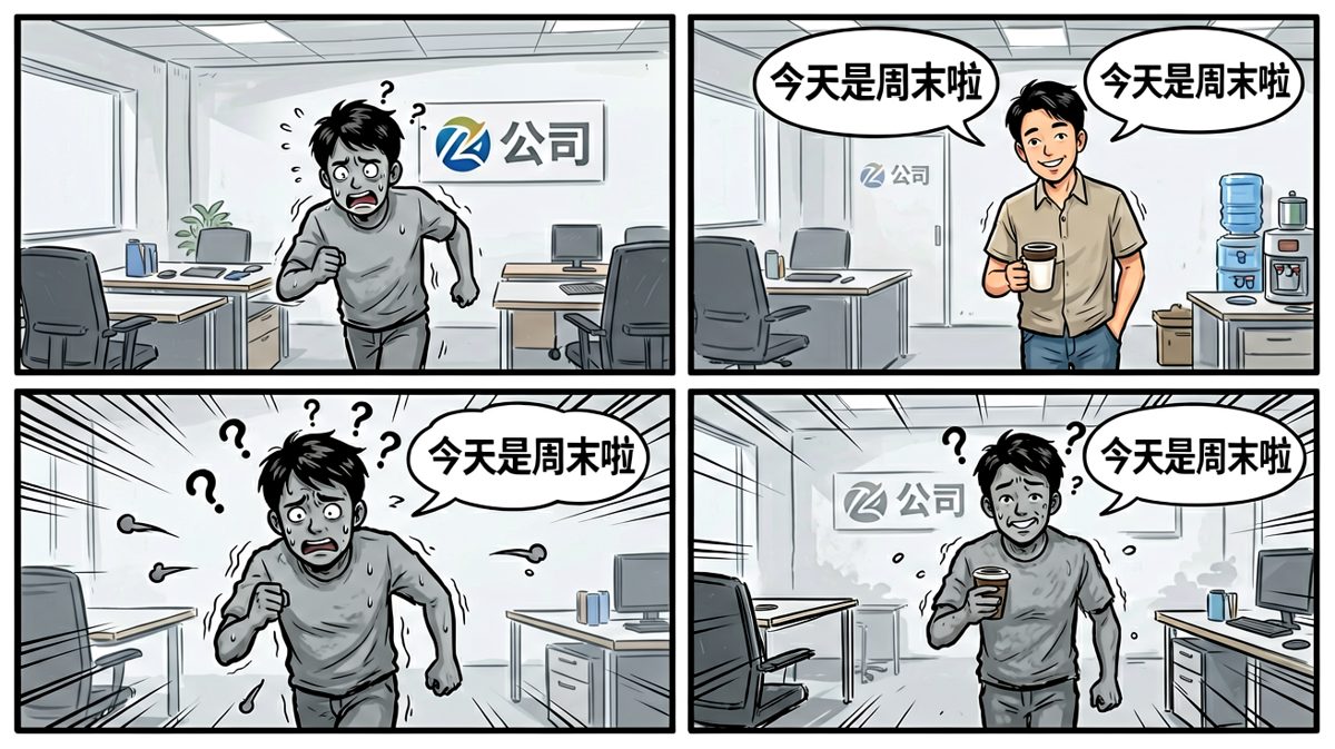 第四格：冲到公司才发现——今天是周末，一切努力都白费了