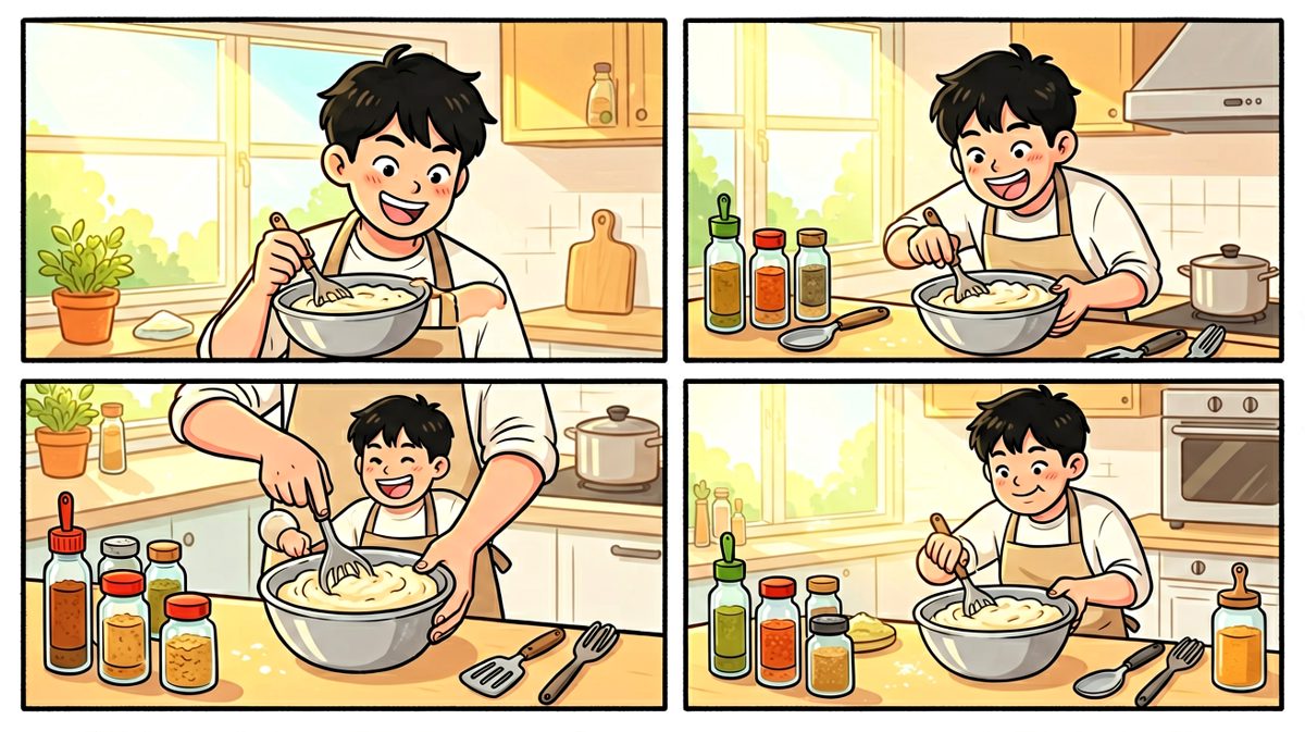 第2格：做饭过程异常顺利，成就感油然而生。