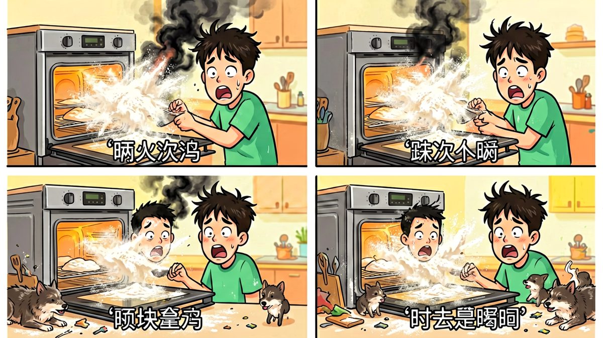 第3格：打开烤箱的瞬间，灾难发生了！