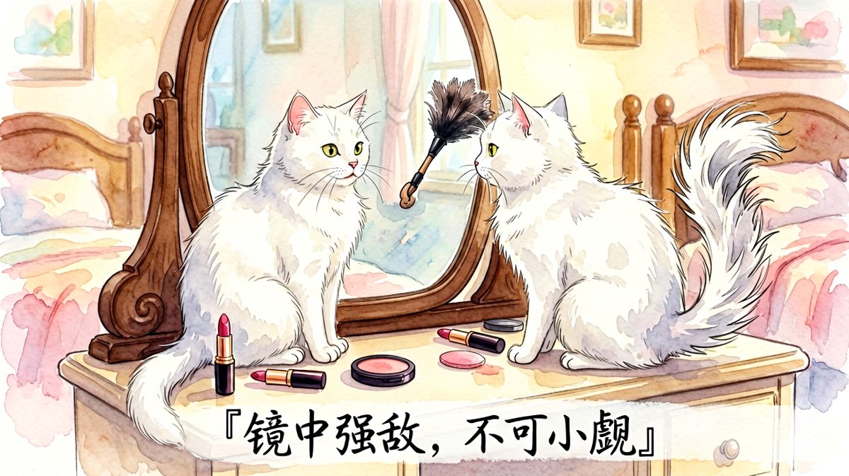 猫咪看到镜子里的自己，以为来了个对手。
