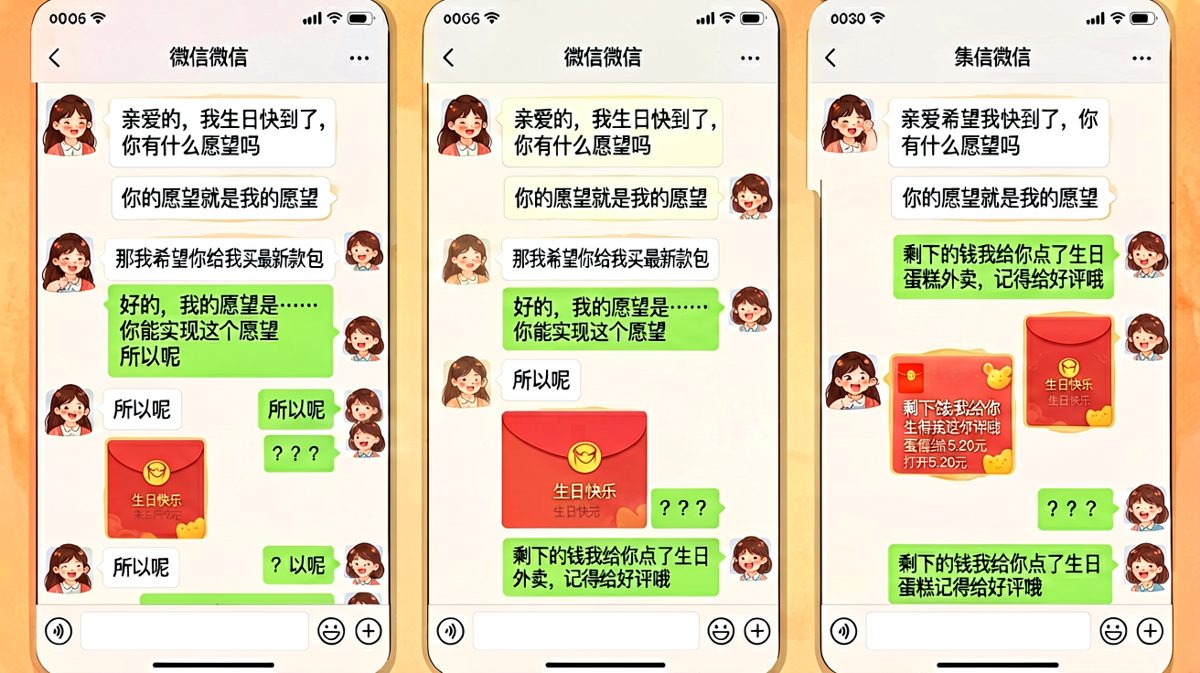 男生的'浪漫'是发5块2红包外加点个蛋糕，求生欲满分但钱包空空