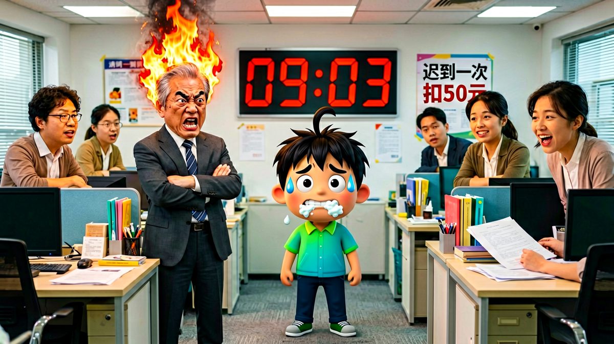 迟到了三分钟，扣了两百块，还被老板盯着看了五分钟
