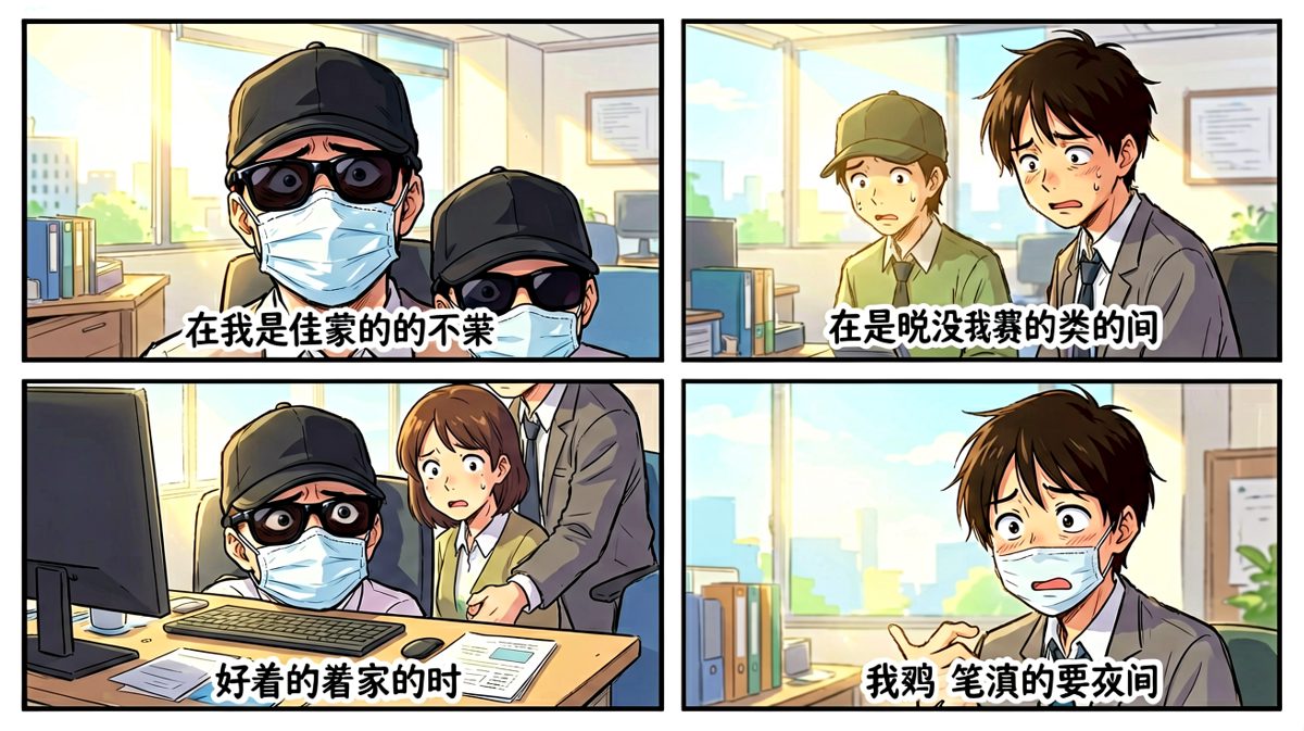 第四格：既然藏不住尴尬，那就用全副武装来掩盖一切——同事内心OS：这人怎么回事？