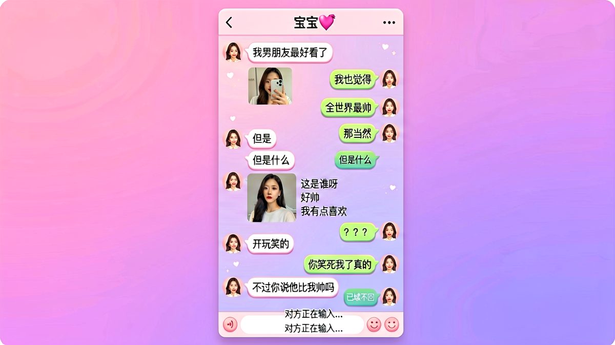 女方看似分享帅哥照片，实则埋了一连串陷阱等男方踩。