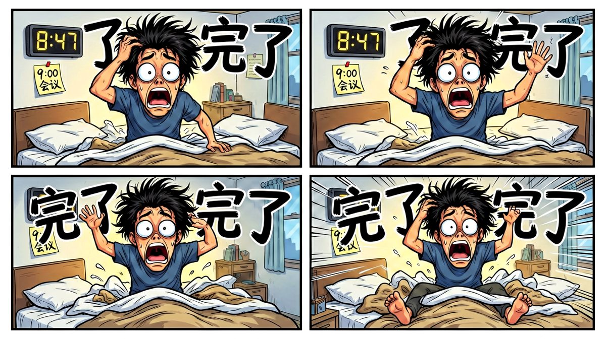 闹钟没响，阿强醒来发现已经迟到，惊恐万分。