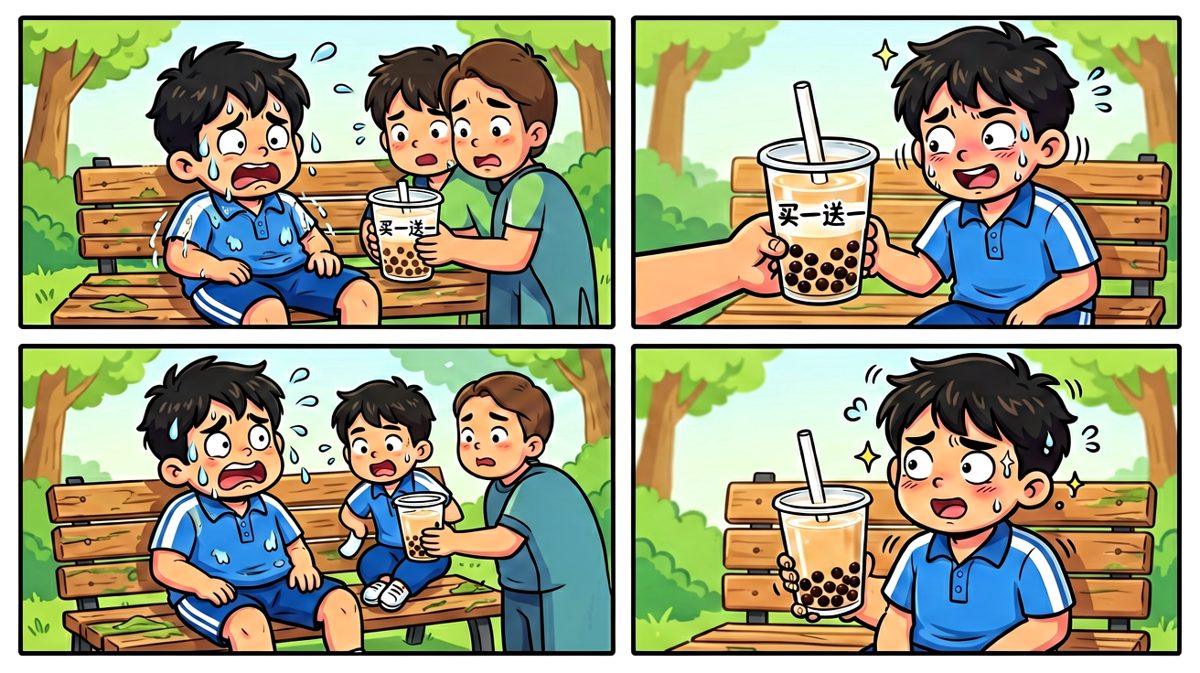朋友：来杯奶茶，买一送一！