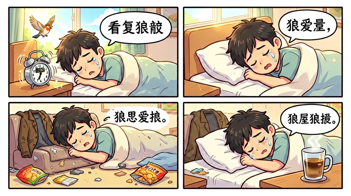 闹钟响了，阿强果断按掉继续睡。