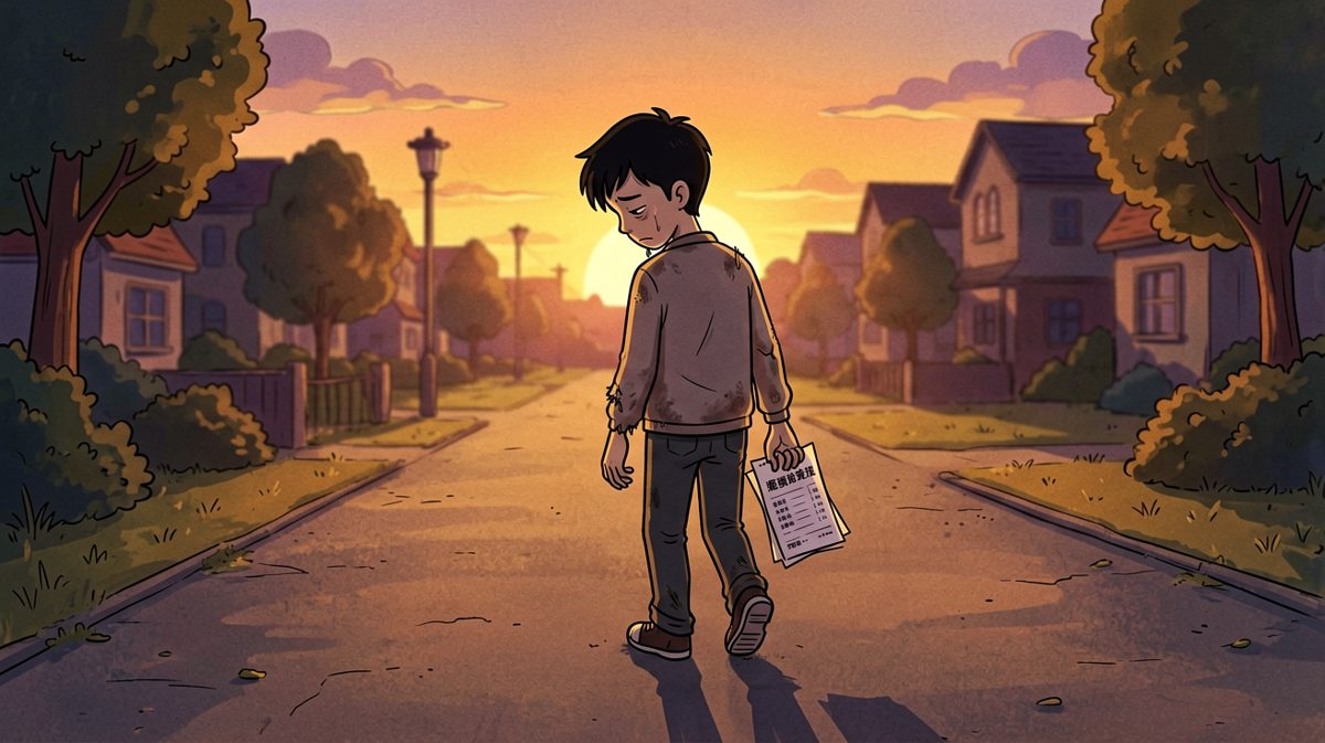 第四格：空手而归，夕阳下的孤独背影。