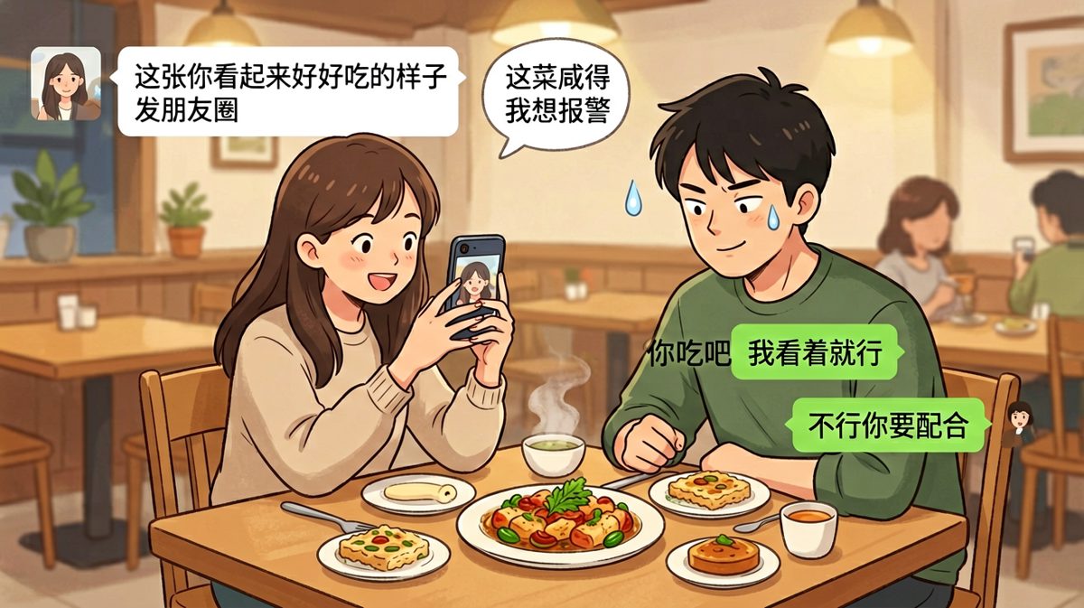 女生拍照要男友配合演出，男生内心吐槽表面强颜欢笑