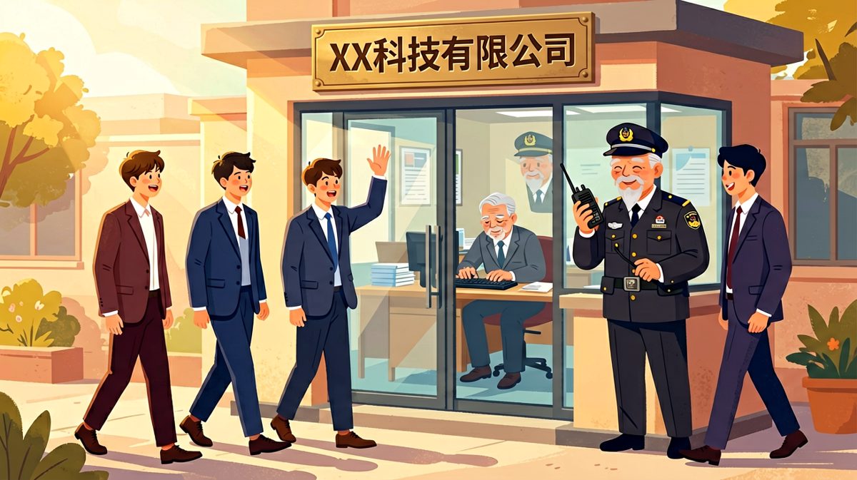 年轻员工向保安问好，门内老板正在加班