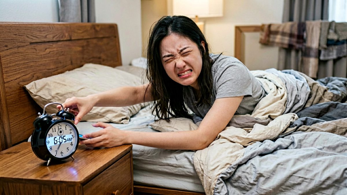 第二格：挣扎着伸出去按掉闹钟，过程极其艰难