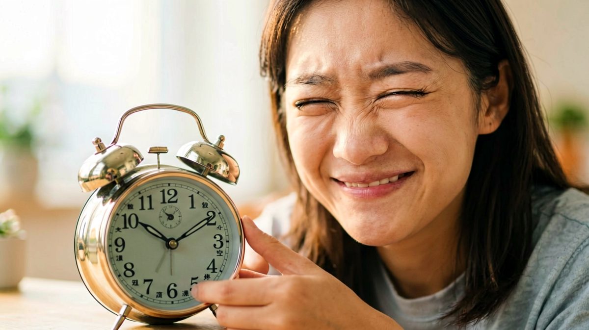 第三格：成功关掉闹钟，一脸满足的幸福感