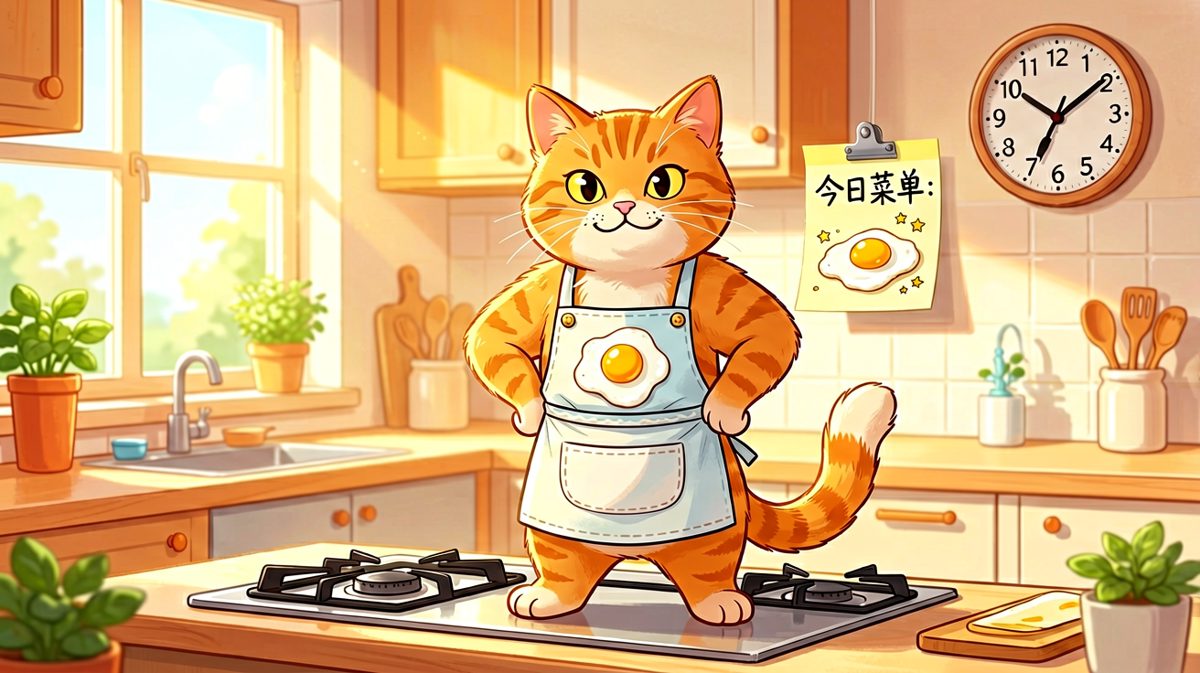 橘猫大雄雄心勃勃地宣布：今天我要征服煎蛋！