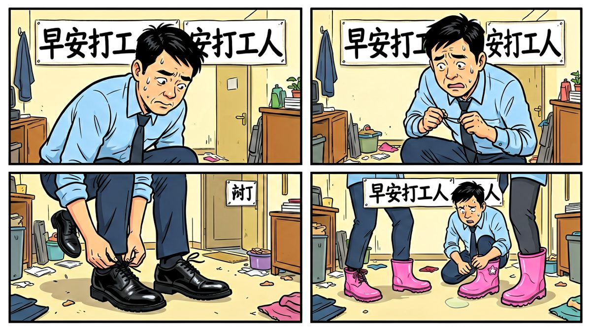 早起慌乱，一只黑皮鞋配一只粉红雨靴，社死的第一步