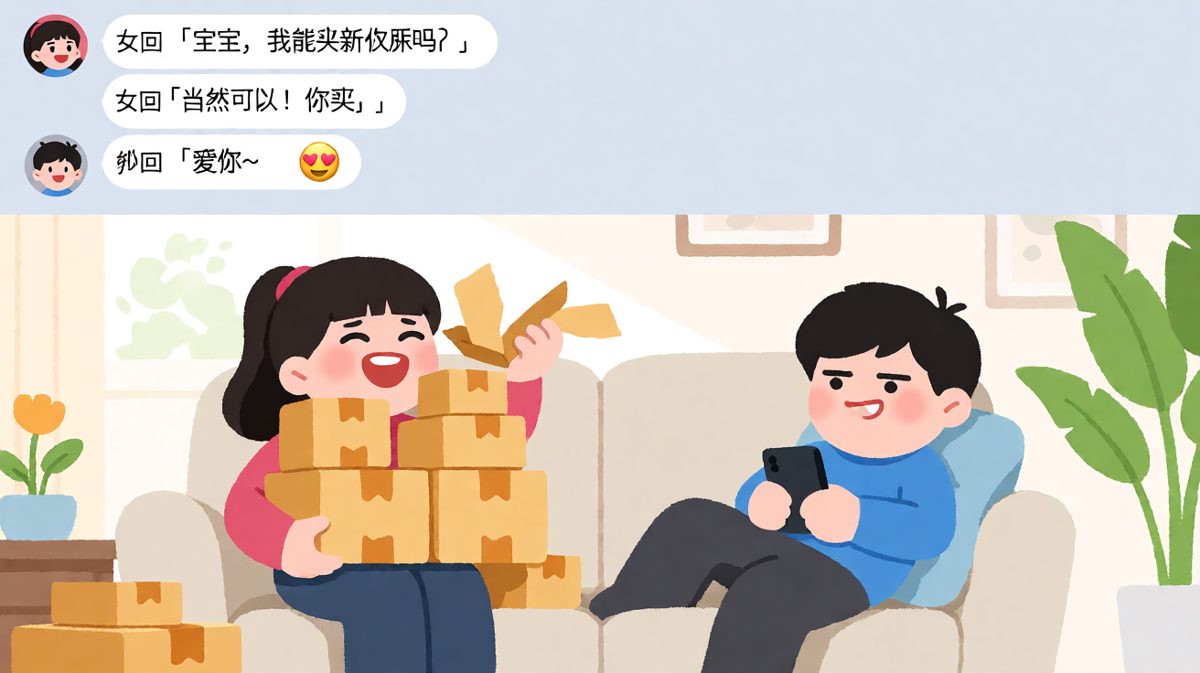 女生试探性申请买衣服，男生爽快批准，结果全是她的包裹。