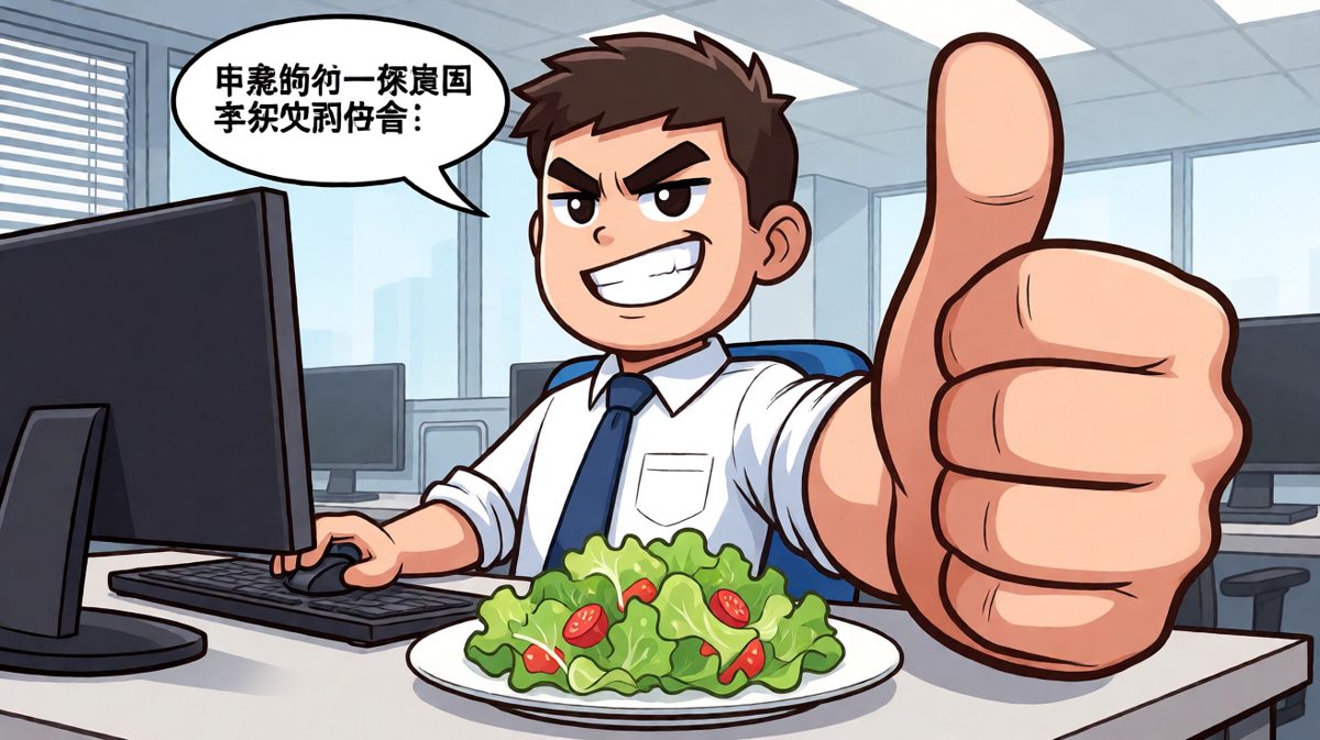 周一早晨，他立下减肥誓言：从沙拉开始！