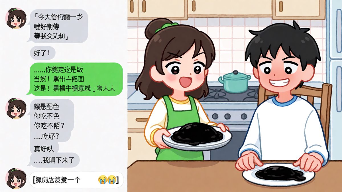 厨房杀手自信满满端出黑暗料理，男朋友的良心在崩溃边缘挣扎