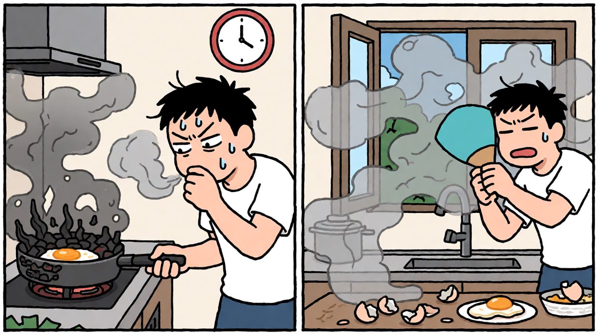 蛋煎糊了，厨房浓烟滚滚，闹钟催促上班