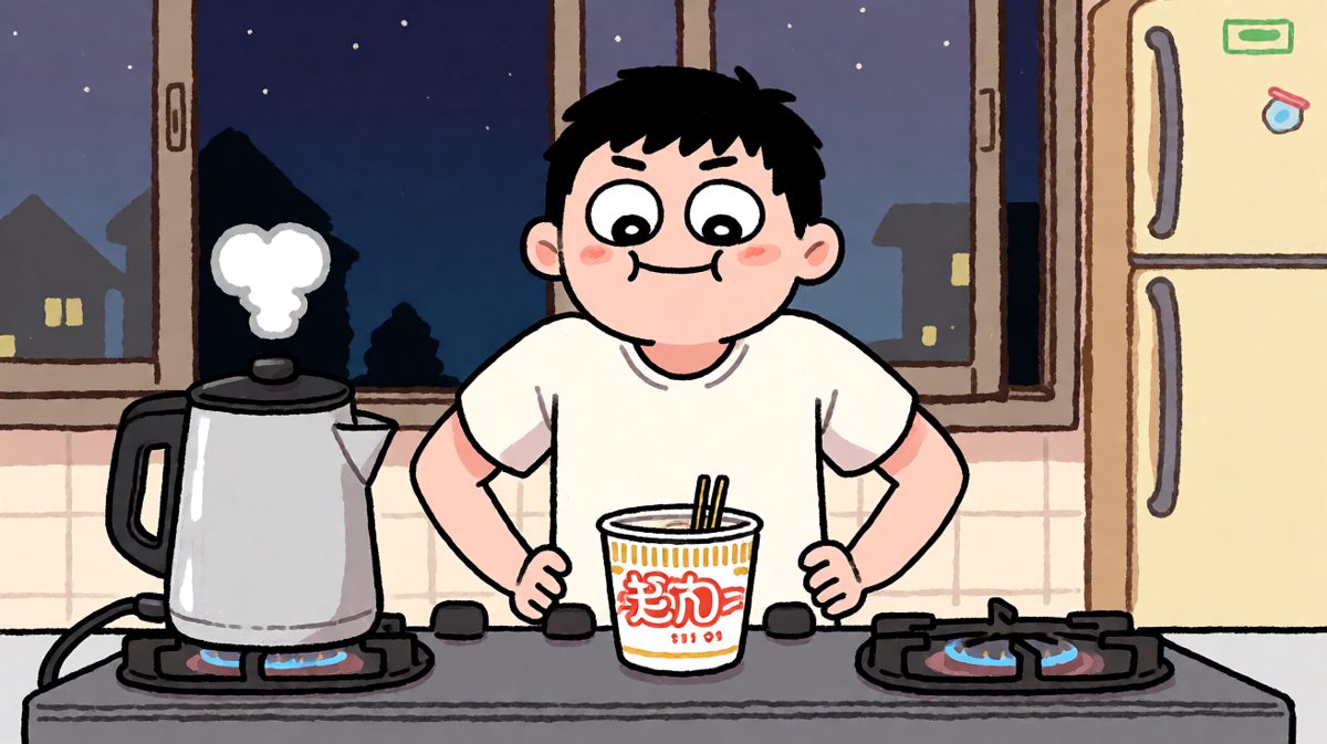 深夜饿醒，决定煮一碗泡面慰劳自己。