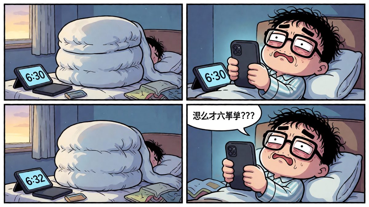 第一格：小王发现自己只睡了四个小时，而距离打卡还有半小时。
