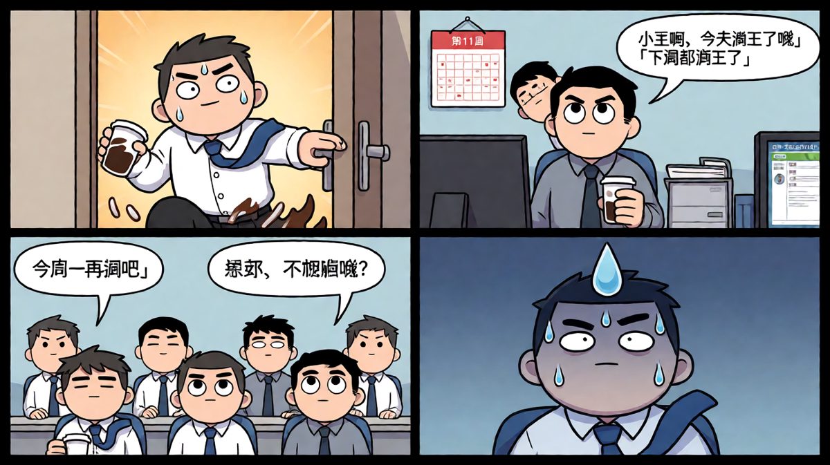 第四格：小王冲到公司才发现今天是周五——他白忙活了一周。