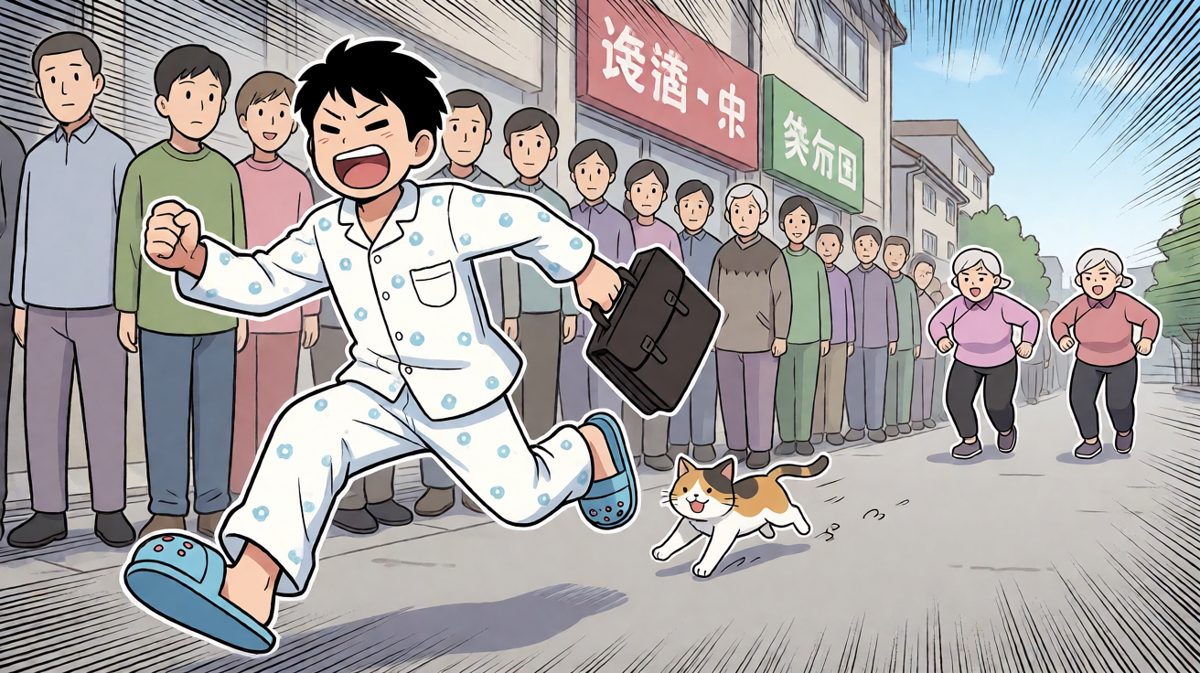 狂奔出门，连拖鞋都跑飞了一只