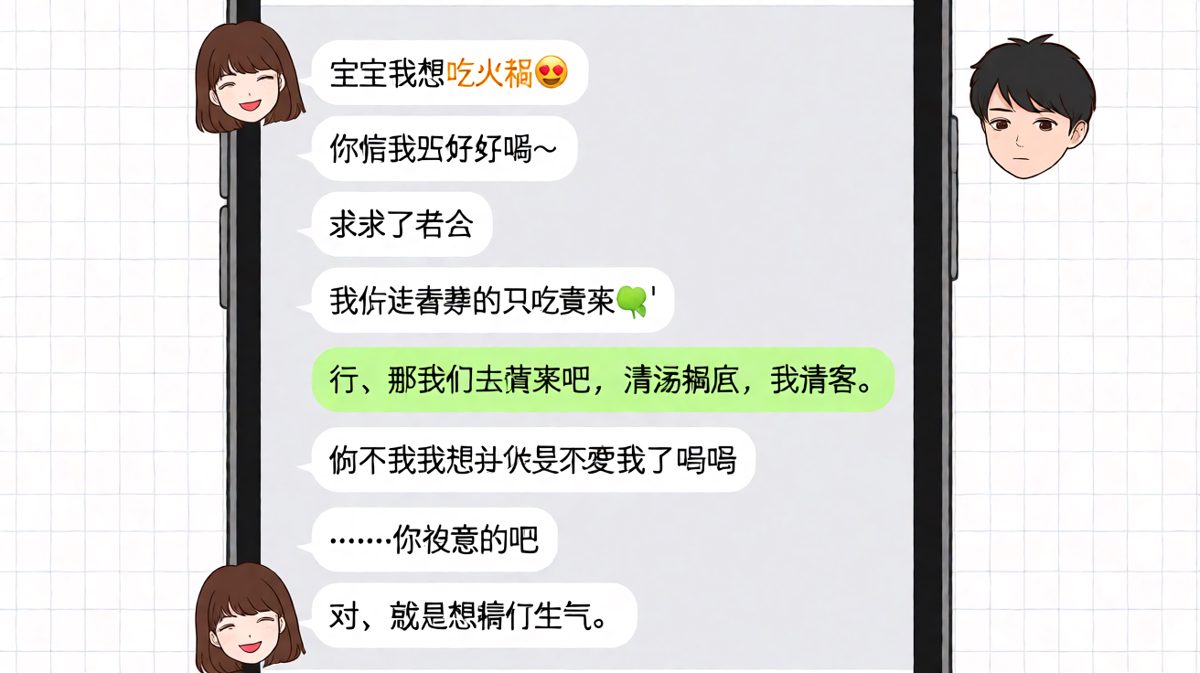 撒娇失败现场：女友连环攻势，男友一句清汤锅底直接破防