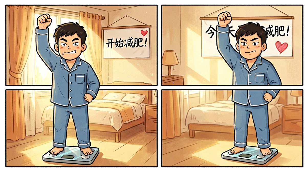 小明立志减肥，元气满满站在体重秤前。