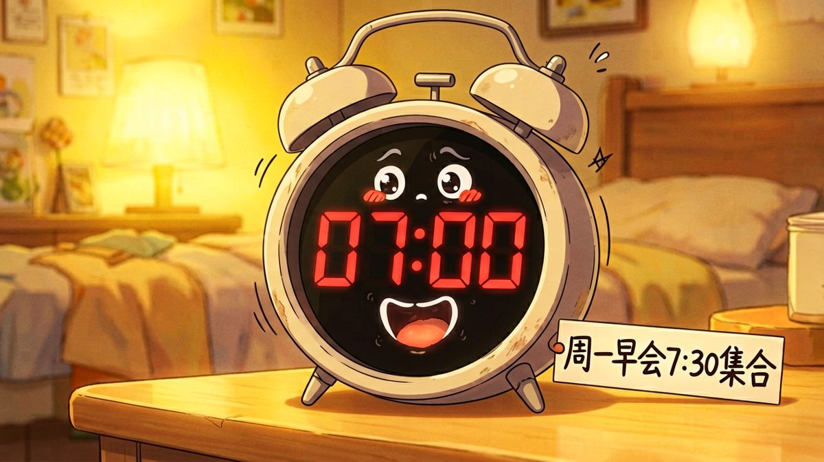 闹钟响起，小王信心满满地弹起来